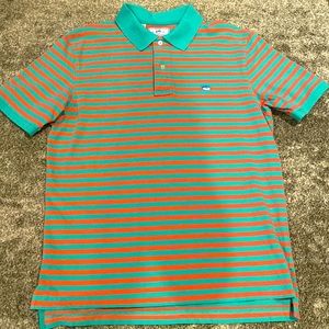 Southern Tide Skipjack Polo Light Green and Salmon Color Stripes Size Medium